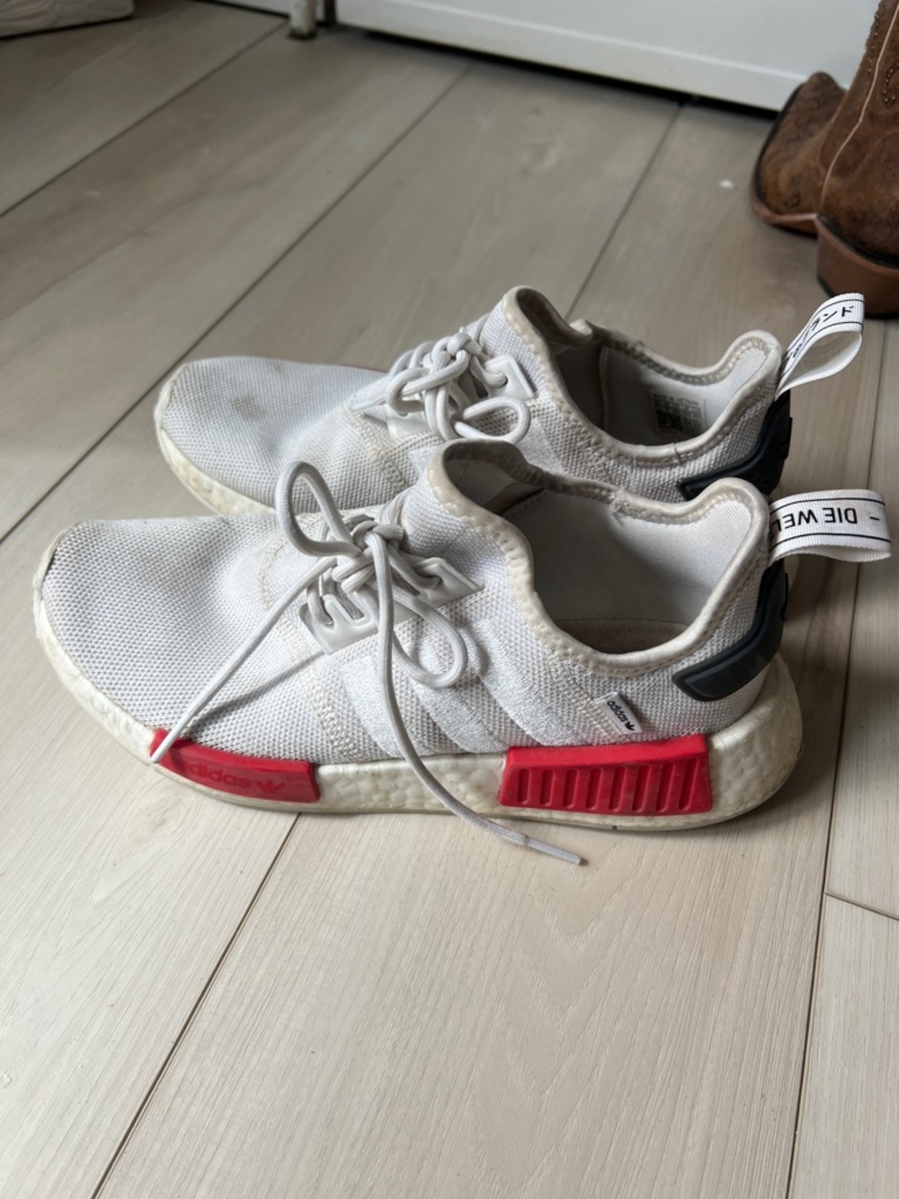 adidas White Knit Sneakers with Red and Black Accents